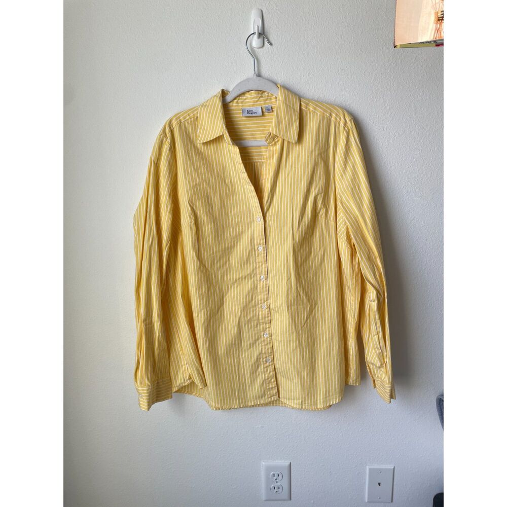 Coastal preppy striped blouse L Kim Rogers yellow cotton button up shirt